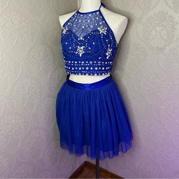 B Darlin Dresses & Skirts - Blue Beaded Halter Top and Skirt Set B darlin 13 14 prom dress